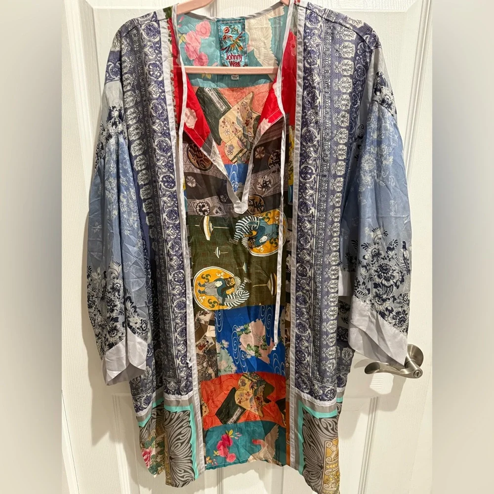 Johnny Was Colorful Patterned 100% silk Kimono Top - Picture 1 of 6
